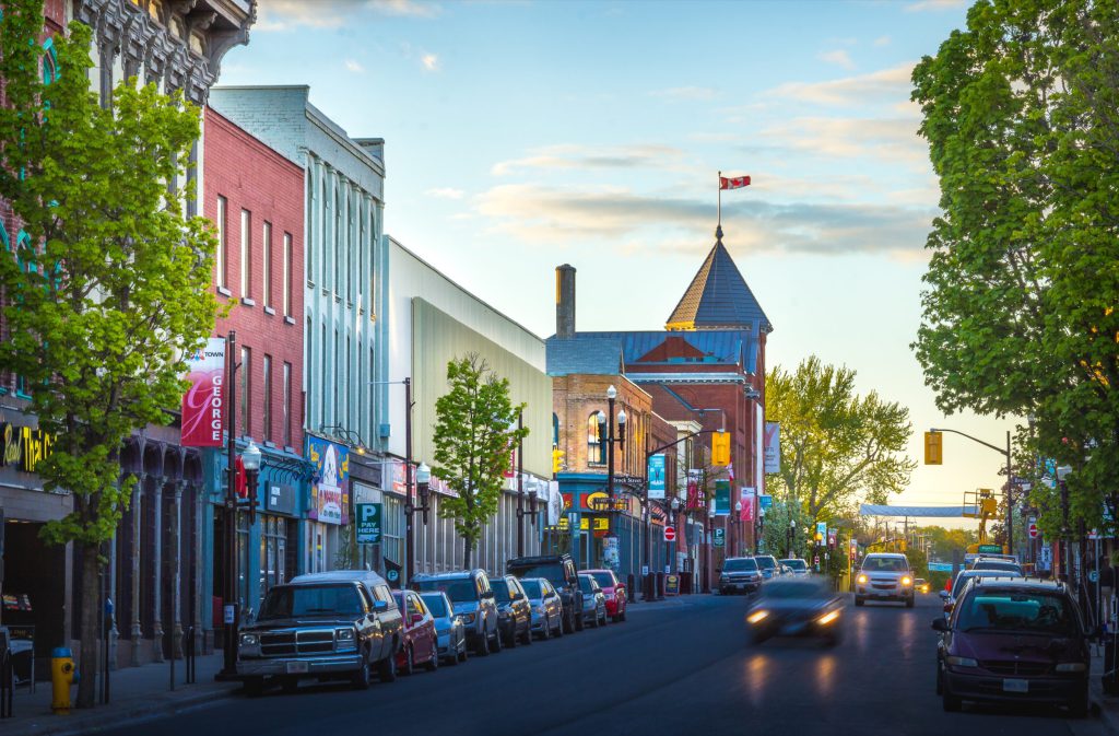 Charlotte Street corridor at dusk, downtown Peterborough