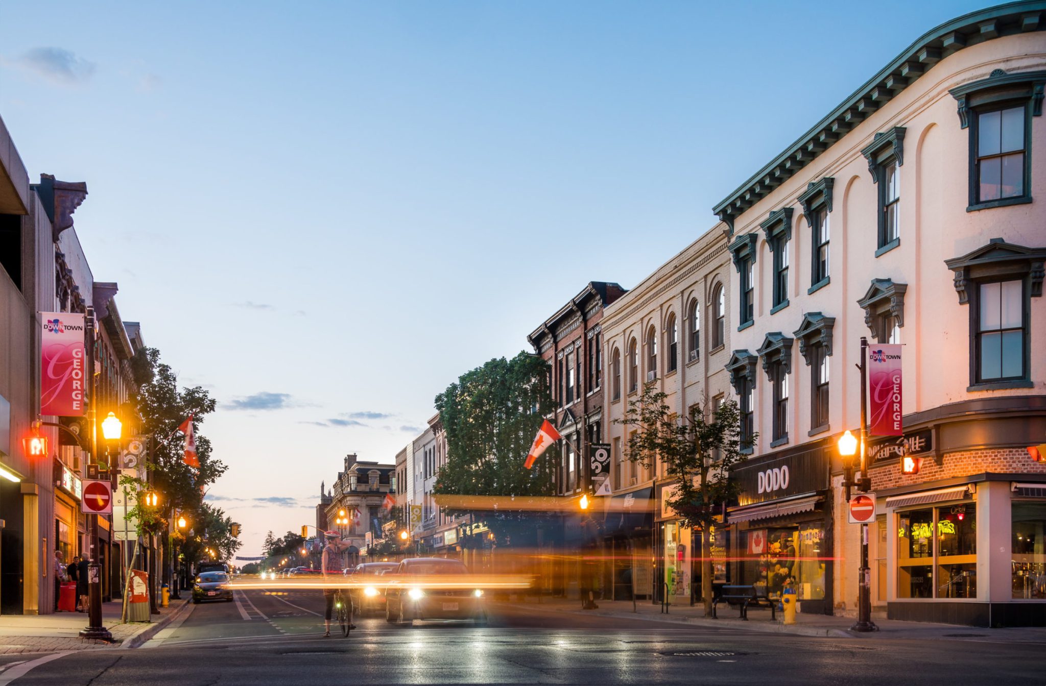 Downtown Peterborough streetscape at dusk